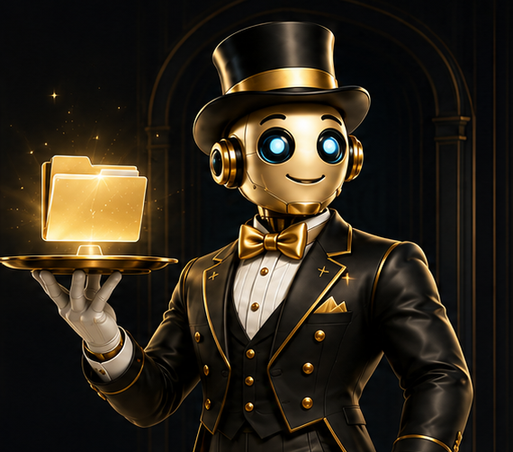 The RoButler presenting a glowing gold folder